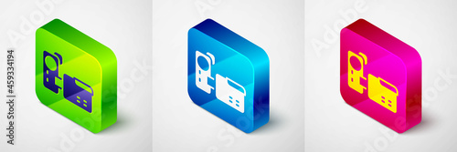 Isometric Cinema camera icon isolated on grey background. Video camera. Movie sign. Film projector. Square button. Vector