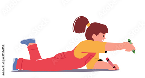 Little Baby Girl Enjoying Drawing with Wax Pencils. Kids Painting Lying on Floor. Child Character Paint Pictures