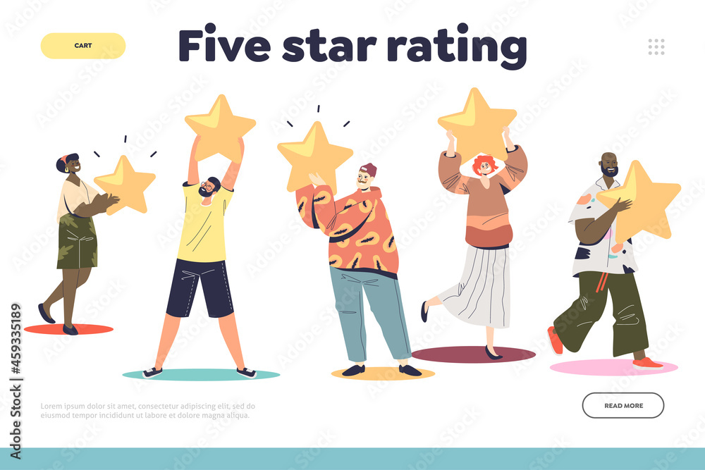 Five star rating concept of landing page with people giving high rank to service or business