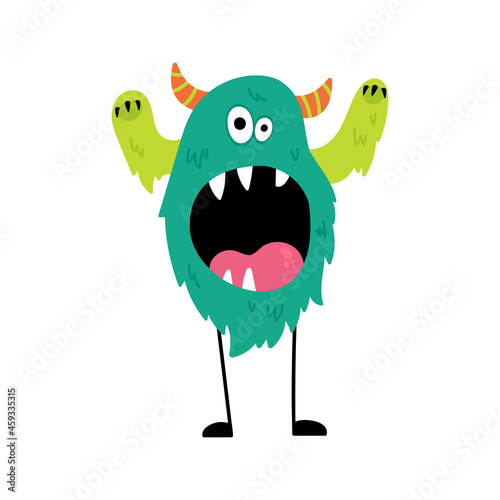 Cartoon furry monster isolated on white background. Cute monster character. Design for print, party decoration, t-shirt, illustration, logo, emblem or sticker. Vector illustration in cartoon style.