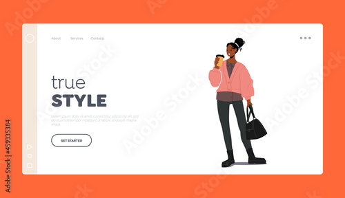 True Style Landing Page Template. African Girl with Hand Bag Wear Trendy Outfit for Fall Season. Autumn Fashion Trends