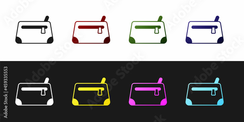 Set Cosmetic bag icon isolated on black and white background. Vector