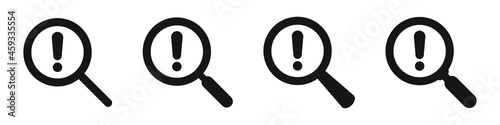Business Risk Analysis symbol with magnifying glass icon and exclamation mark. Magnifying glass icon and alert, error, alarm, danger symbol. 