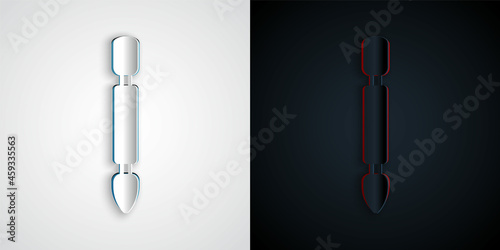 Paper cut Cuticle pusher icon isolated on grey and black background. Tool for manicure. Paper art style. Vector