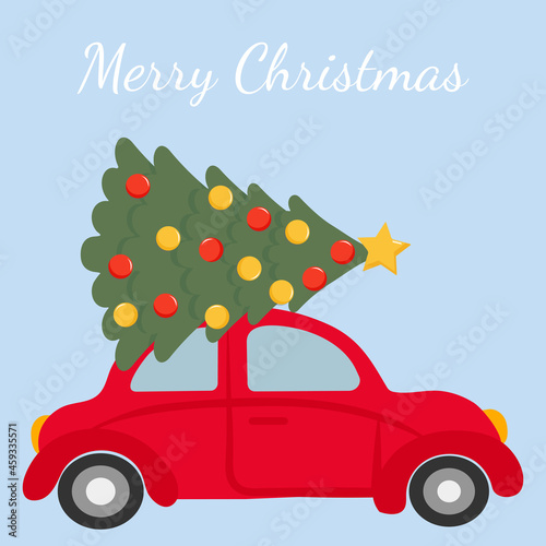 Merry Christmas postcard. Red car with Christmas tree vector illustration. Christmas concept. Flat style. photo