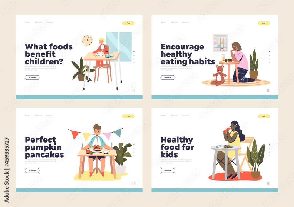 Kids healthy eating habits concept of landing pages set with children enjoy tasty breakfast