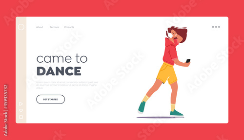 Young Woman Listen Music on Player or Mobile Landing Page Template. Female Character Wearing Headphones Enjoying Sound