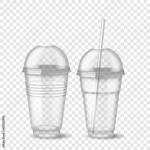 Realistic 3d empty clear plastic disposable cup with sphere dome cap and straw isolated