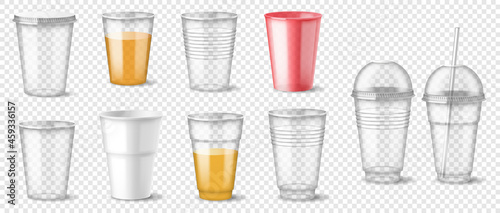 Set of realistic plastic glass empty and full cups for mockup disposable drinks container 
