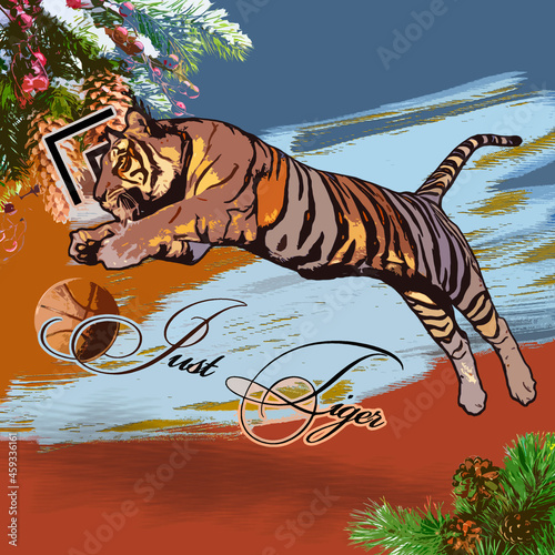 Tiger with a basketball ball for Сhristmas.
