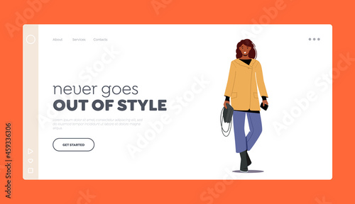 Fall Fashion Trends for Women Style Landing Page Template. Stylish Girl Wearing Trendy Outfit Short Coat, Jeans and Bag