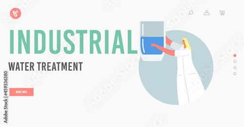 Industrial Water Treatment Landing Page Template. Tiny Female Character in White Scientist Robe Holding Huge Glass