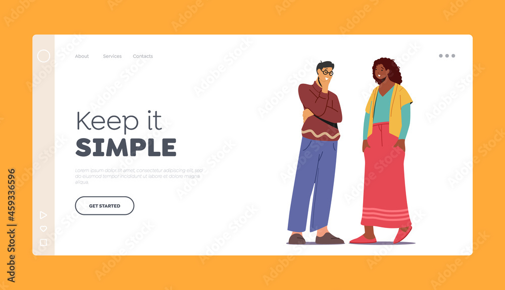 Multiethnic Couple Talking Landing Page Template. Asian Man and African Woman Speaking. People Chatting, Meeting