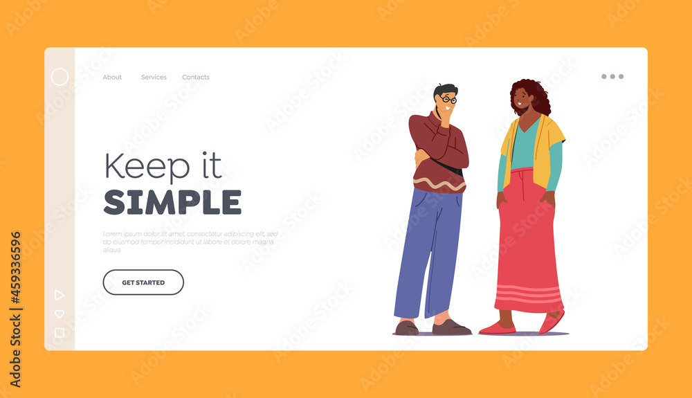 Multiethnic Couple Talking Landing Page Template. Asian Man and African Woman Speaking. People Chatting, Meeting Multiethnic Couple Talking Landing Page Template. Asian Man and African Woman Speaking. People Chatting, Meeting