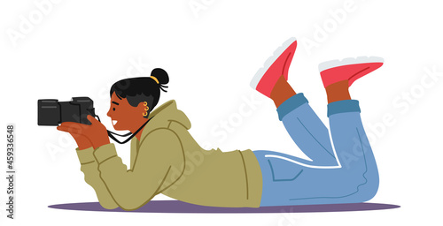 Photographer Male Character with Photo Camera Lying on Ground Making Professional Pictures. Cameraman Expert Job, Hobby