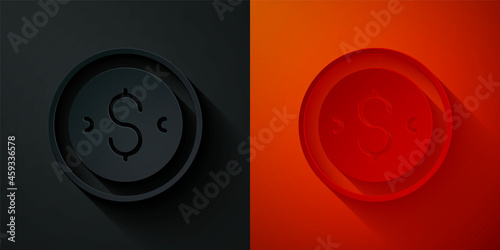 Paper cut Coin money with dollar symbol icon isolated on black and red background. Banking currency sign. Cash symbol. Paper art style. Vector