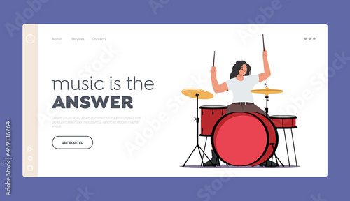 Music Band Landing Page Template. Excited Drummer Playing Hard Rock Music with Sticks on Drums. Talented Musician