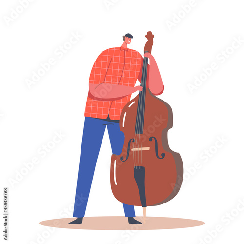 Artist Male Character Playing Contrabass. Music Jazz Band Entertainment Concert. Double Bass Player Perform Musician