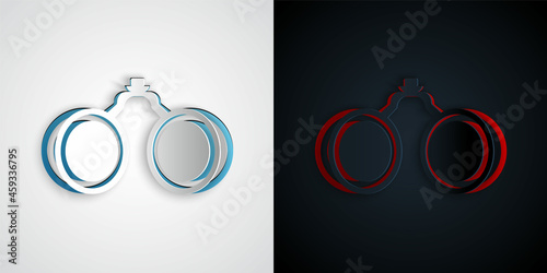 Paper cut Binoculars icon isolated on grey and black background. Find software sign. Spy equipment symbol. Paper art style. Vector