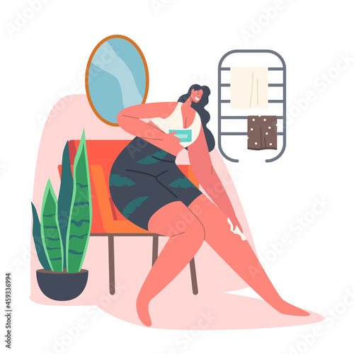 Female Character Hygiene Procedures. Woman Depilate Legs with Wax or Moisturizing with Cream. Girl Beauty and Skin Care