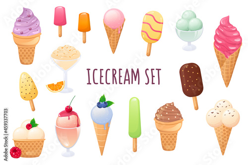 Ice cream icon set in realistic 3d design. Bundle of different types of summer desserts, with berries, topping and other. Delicious menu collection. Vector illustration isolated on white background