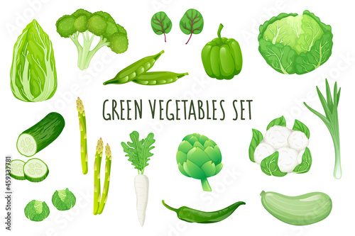 Green vegetables icon set in realistic 3d design. Bundle of cabbage, broccoli, peas, pepper, cucumber, zucchini and other. Vegetarian menu collection. Vector illustration isolated on white background