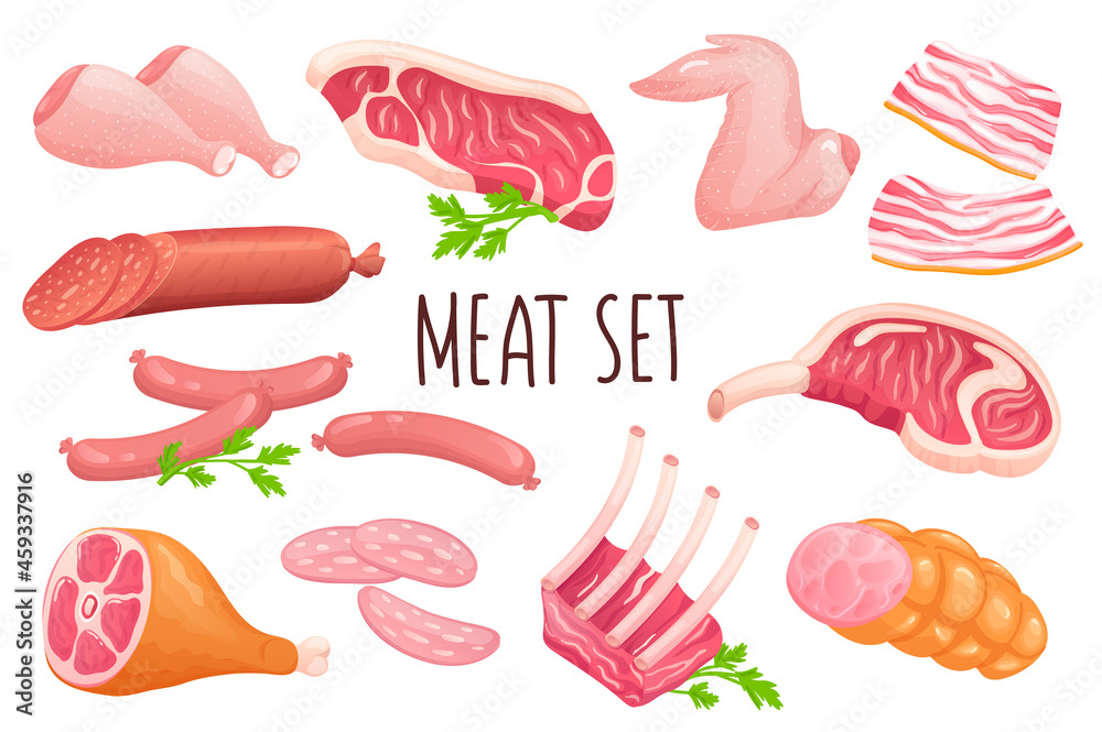 Meat icon set in realistic 3d design. Bundle of chicken wings and legs ...