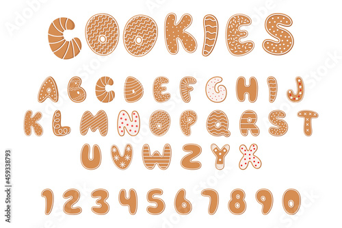 Cookies Alphabet, Christmas or New Year Gingerbread Abc and Numerals with Glaze and Sprinkles. Isolated Textured Letters