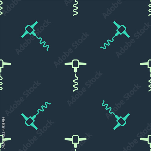 Green and beige Wine corkscrew icon isolated seamless pattern on blue background. Vector