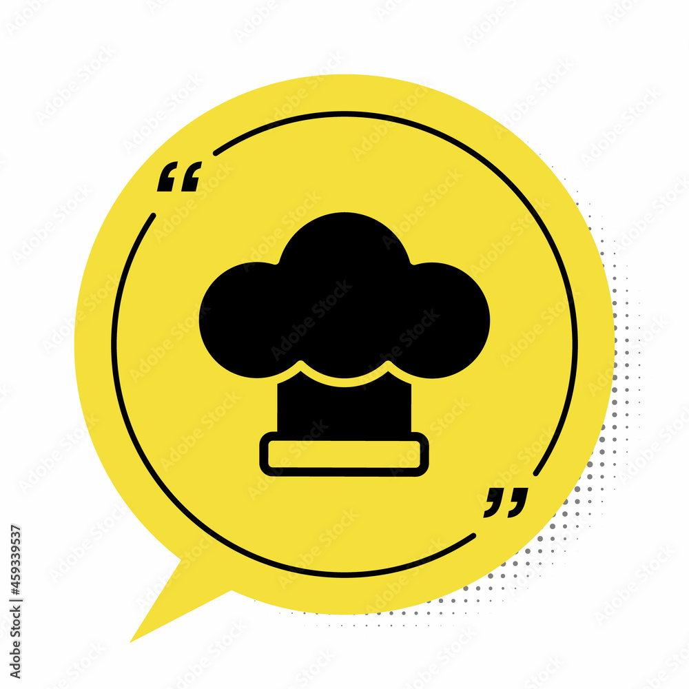 Black Chef hat icon isolated on white background. Cooking symbol. Cooks hat. Yellow speech bubble symbol. Vector