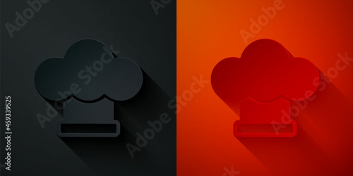 Paper cut Chef hat icon isolated on black and red background. Cooking symbol. Cooks hat. Paper art style. Vector