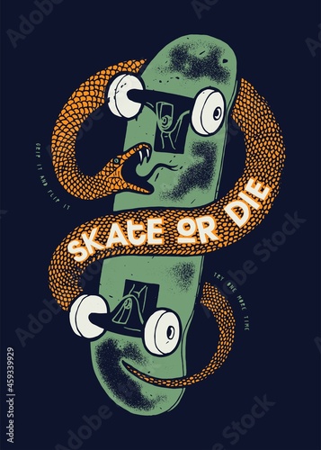 Skate or die snake surrounding skateboard vintage distressed stamp typography t-shirt print vector illustration.