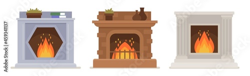 Set of Burning Vintage Fireplace of Various Design. Indoors Heating System in Classic Style. Stoves of Red Brick, Marble