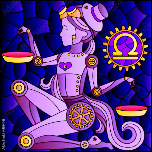 Illustration in the style of a stained glass window with an illustration of the steam punk sign of the horoscope Libra