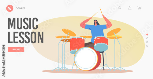 Music Lesson Landing Page Template. Education of Percussion Instrument. Drummer Playing Hard Rock with Sticks on Drum