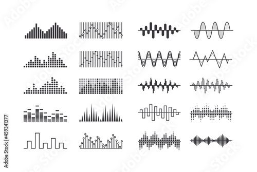 Set of Music Sound Waves  Radio Frequency Tracks and Vibration Impulse Signs. Audio Digital Equalizer Technology