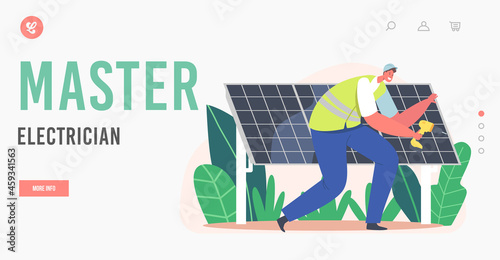 Master Electrician Landing Page Template. Worker Installing Solar Panels, Alternative Clean Energy Concept with Engineer