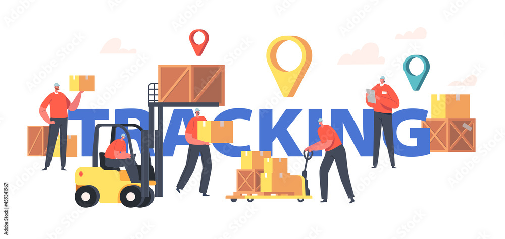 Tracking Concept. Workers Loading and Delivery Goods with Navigation Pins around and Forklift Truck. Freight Shipment