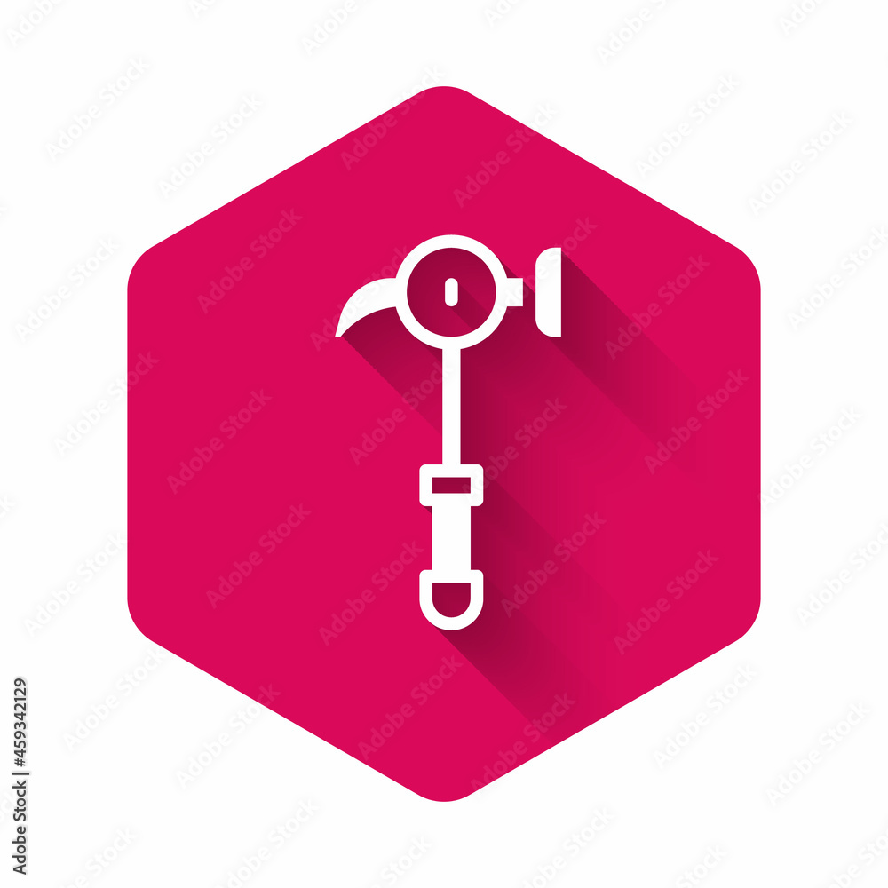White Hammer icon isolated with long shadow background. Tool for repair. Pink hexagon button. Vector