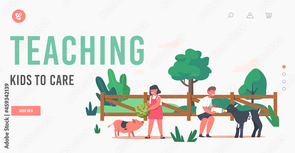 Naklejka premium Contact Zoo Landing Page Template. Kids Feeding Piglet and Goatling in Cage at Outdoor Farm. Children Characters Leisure