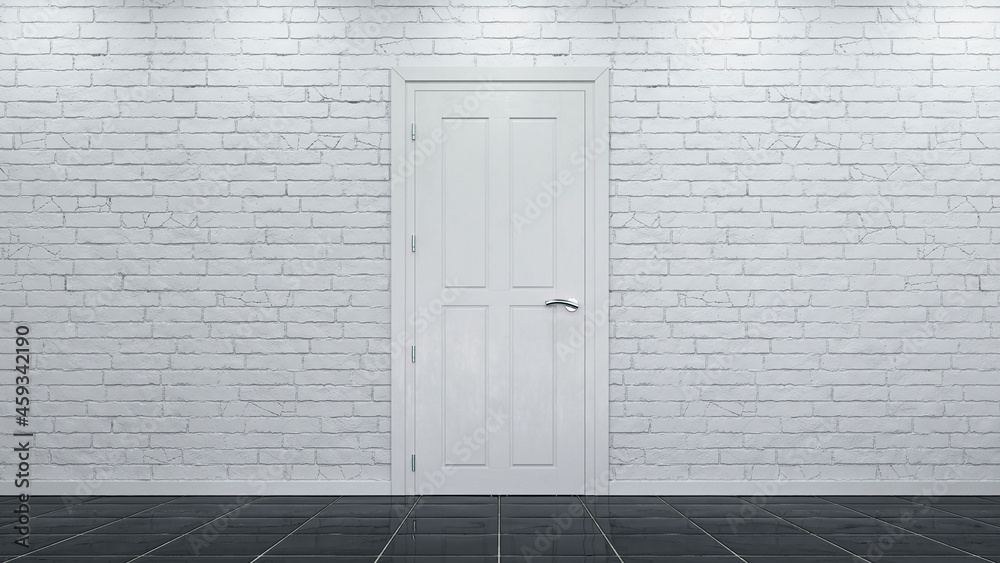 White door in the brick wall. 3d rendering White door in the brick wall. 3d rendering