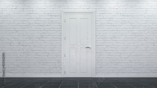 White door in the brick wall. 3d rendering