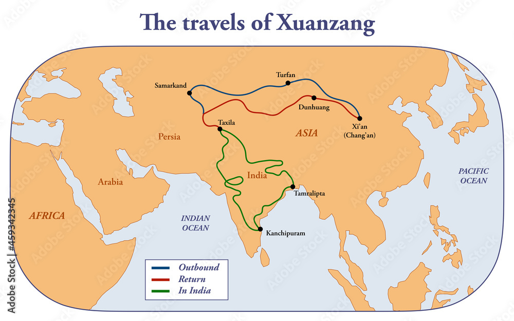 Map of the voyages of Chinese traveler Xuanzang