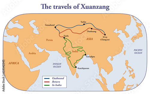 Map of the voyages of Chinese traveler Xuanzang