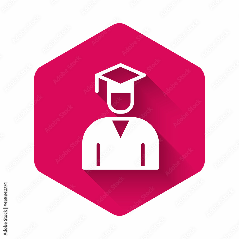 White Graduate and graduation cap icon isolated with long shadow background. Pink hexagon button. Vector White Graduate and graduation cap icon isolated with long shadow background. Pink hexagon button. Vector