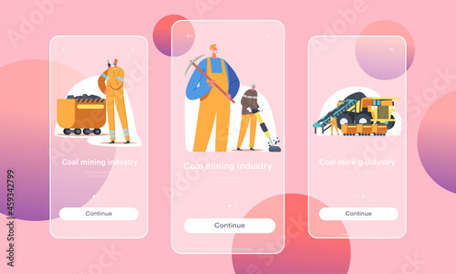 Coal Mining Industry Mobile App Page Onboard Screen Template. Miners Work on Quarry with Tools, Transport and Technique