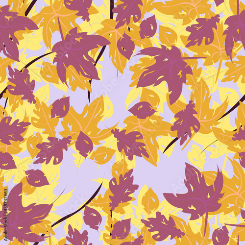 Burgundy and gold leaves against the sky. Vector seamless pattern. Colorful branches with autumn foliage.