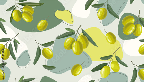Seamless pattern with abstract shapes and green olives