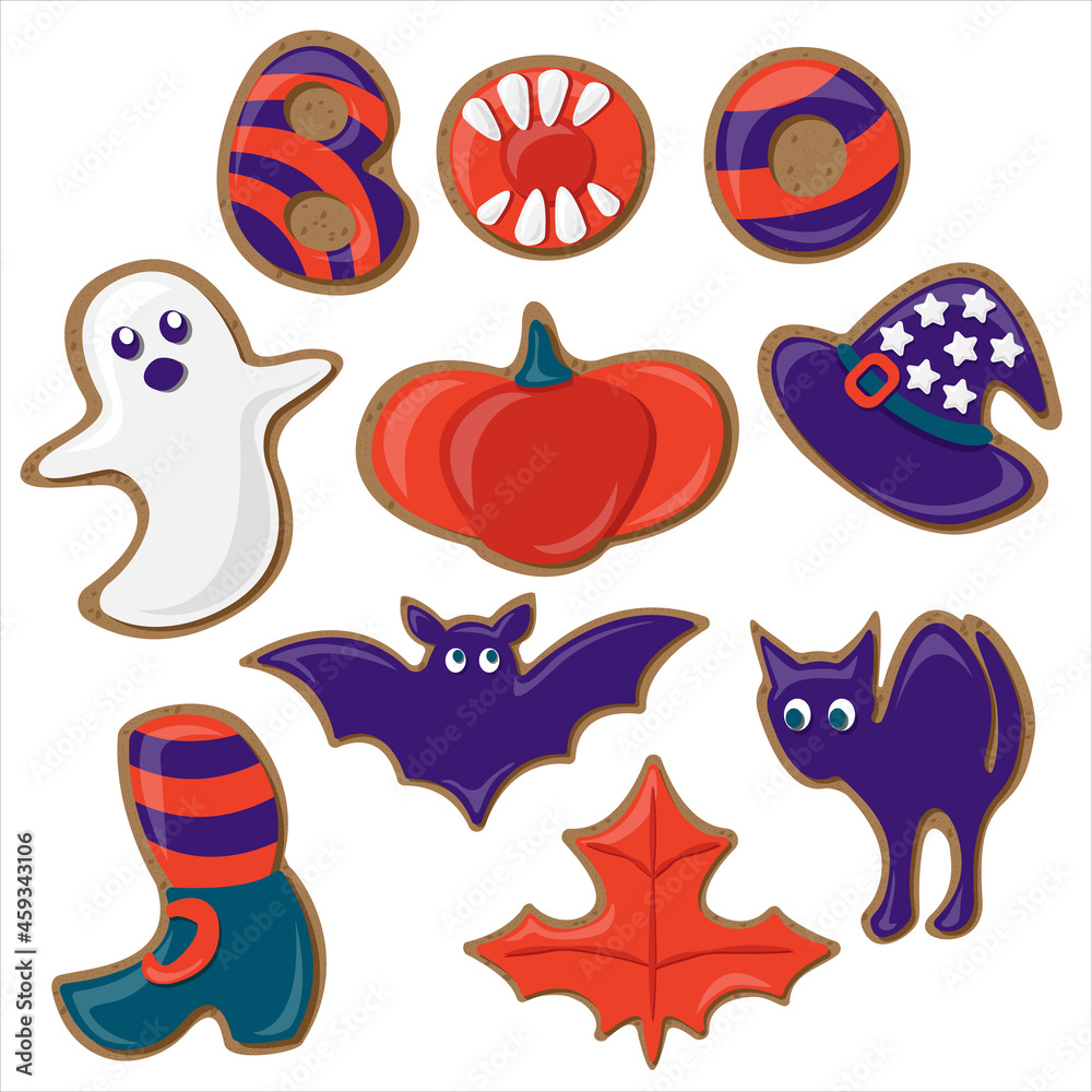 Colorful cookies for Halloween isolated on white background. Ghost, stocking, maple leaf, pumpkin, witch hat, cat, bat, boo. Cartoon vector set.