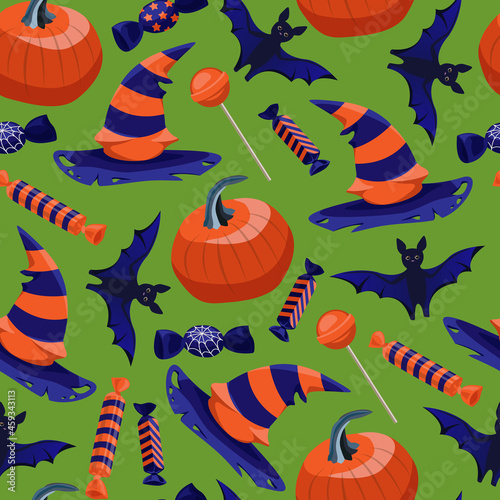 Pumpkin, striped witch hat, bat, Halloween sweets isolated on green background. Seamless vector pattern. Blue and orange candies, lollipops, chewing gum.